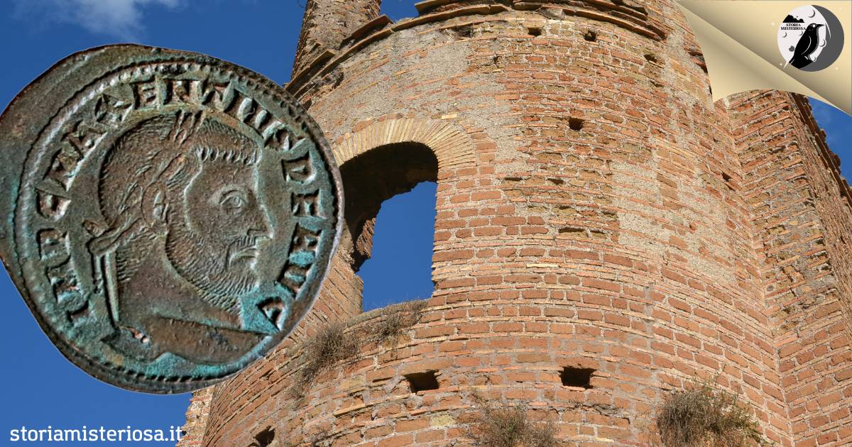 Storia Misteriosa - Follis dell'imperatore Massenzio. Sullo sfondo le rovine del Circo di Massenzio sull'Appia Antica